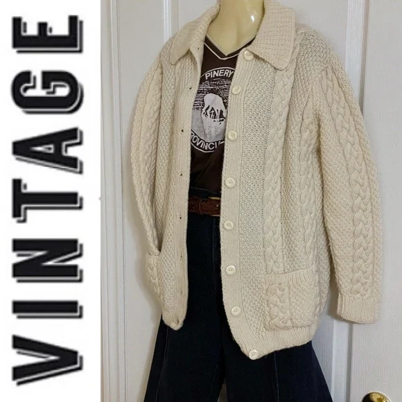 Hand knit Fishermen cable knit cream button-down cardigan chunky sweater - Picture 6 of 16